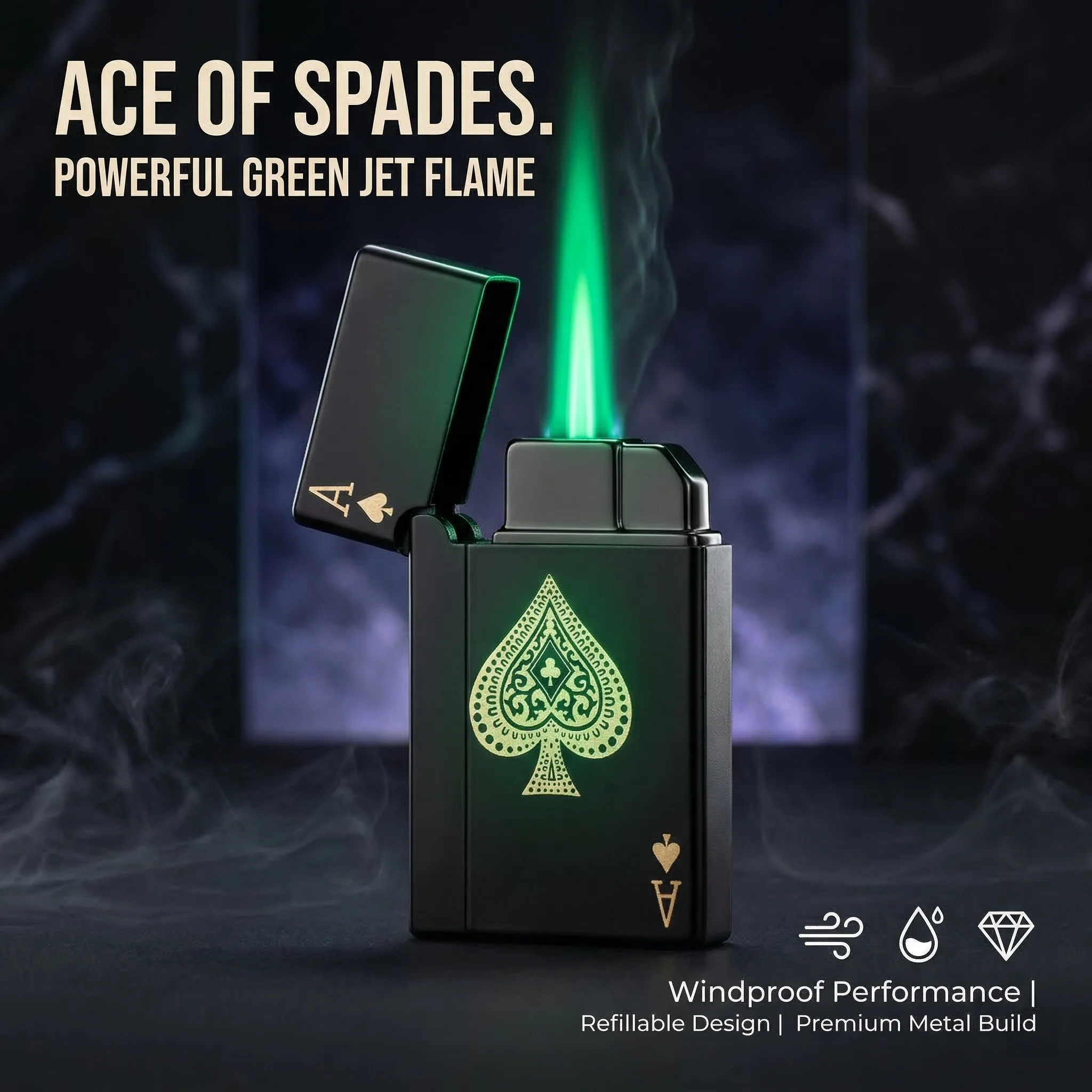 Ace of Spades Jet Flame Lighter, Windproof Green Flame, Refillable Metal Cigarette Lighter, Cool Novelty EDC Lighter for Men
Ace of Spades Jet Flame Lighter, Windproof Green Flame, Refillable Metal Cigarette Lighter, Cool Novelty EDC Lighter for Men