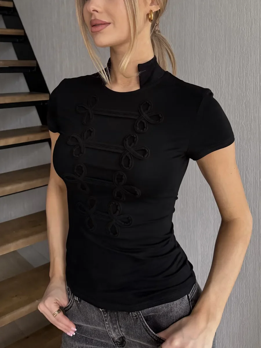 LIMO Women's Black Short Stand Collar Tee Short Sleeve Decorative Frog Buttons Slim Fit Ribbed Casual Basic T-shirt
LIMO Women's Black Short Stand Collar Tee Short Sleeve Decorative Frog Buttons Slim Fit Ribbed Casual Basic T-shirt