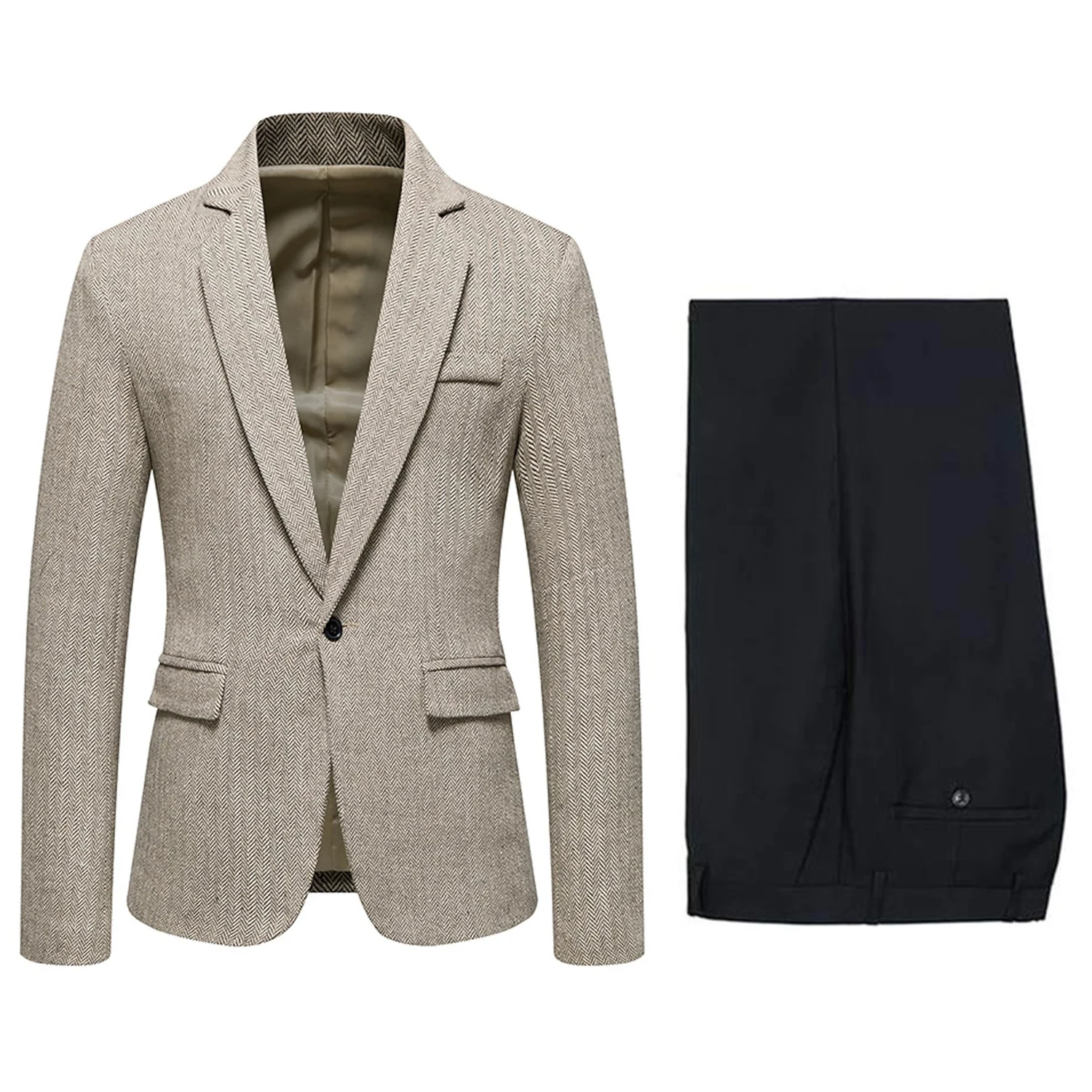 Men's One Button Suit Herringbone Jacket with Black Pants Vintage Formal Business
Men's One Button Suit Herringbone Jacket with Black Pants Vintage Formal Business
