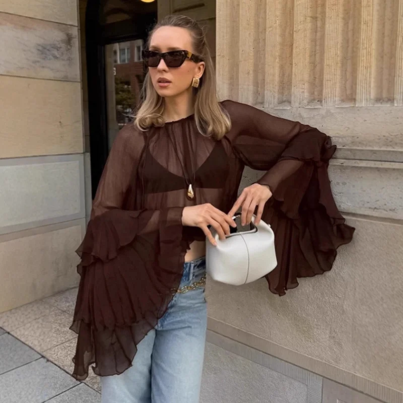 Свободная коричневая блузка с круглым вырезом, женская одежда 2025, в дворцовом стиле, с французскими рукавами-колокол, осенняя, полупрозрачная
Свободная коричневая блузка с круглым вырезом, женская одежда 2025, в дворцовом стиле, с французскими рукавами-колокол, осенняя, полупрозрачная