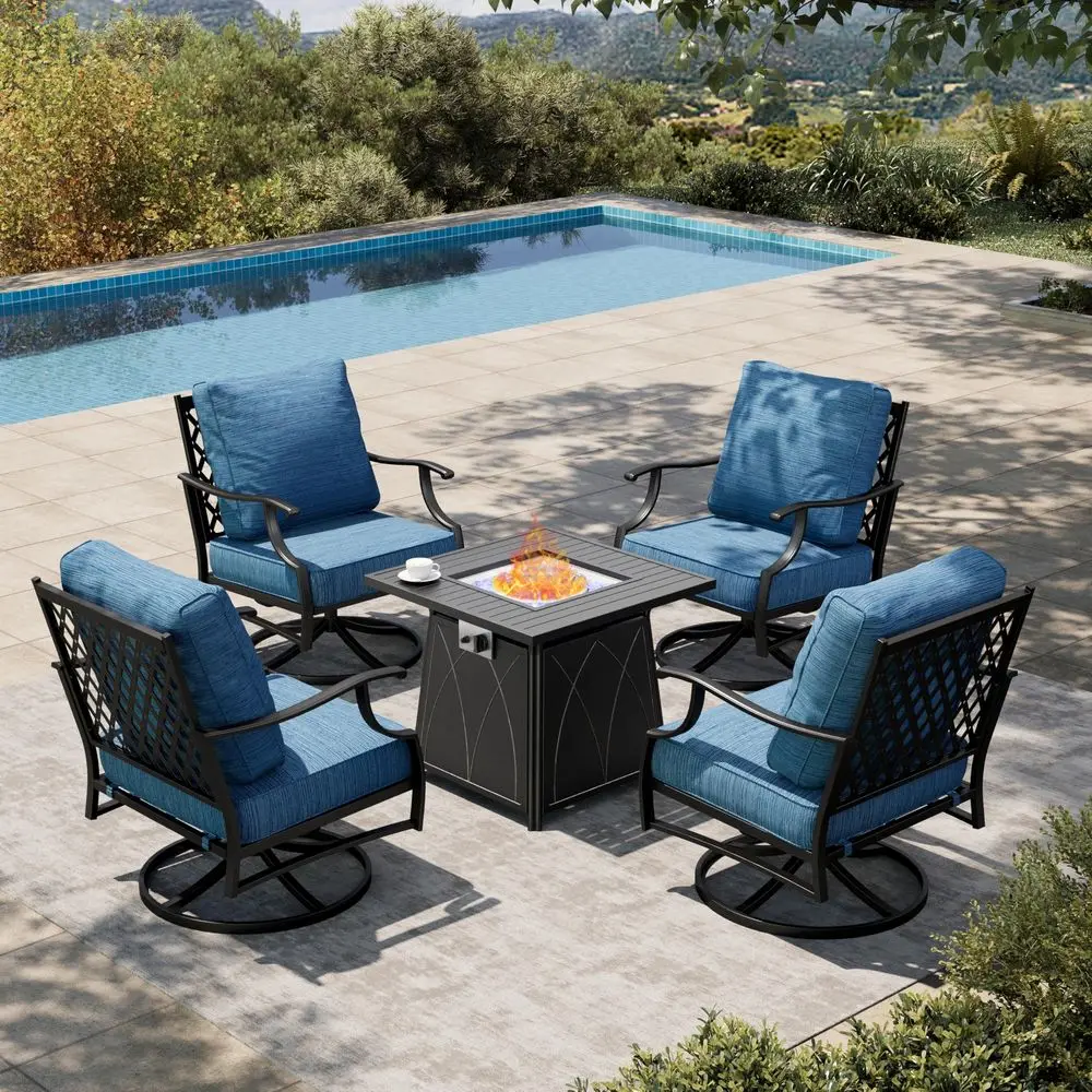 HOUSE 5 Pieces Fire Pit Patio Furniture Set, 4 x Thick Cushioned Swivel Chairs with 28 Fire Pit Table 50,000 BTU, Outdoor Conve
HOUSE 5 Pieces Fire Pit Patio Furniture Set, 4 x Thick Cushioned Swivel Chairs with 28 Fire Pit Table 50,000 BTU, Outdoor Conve