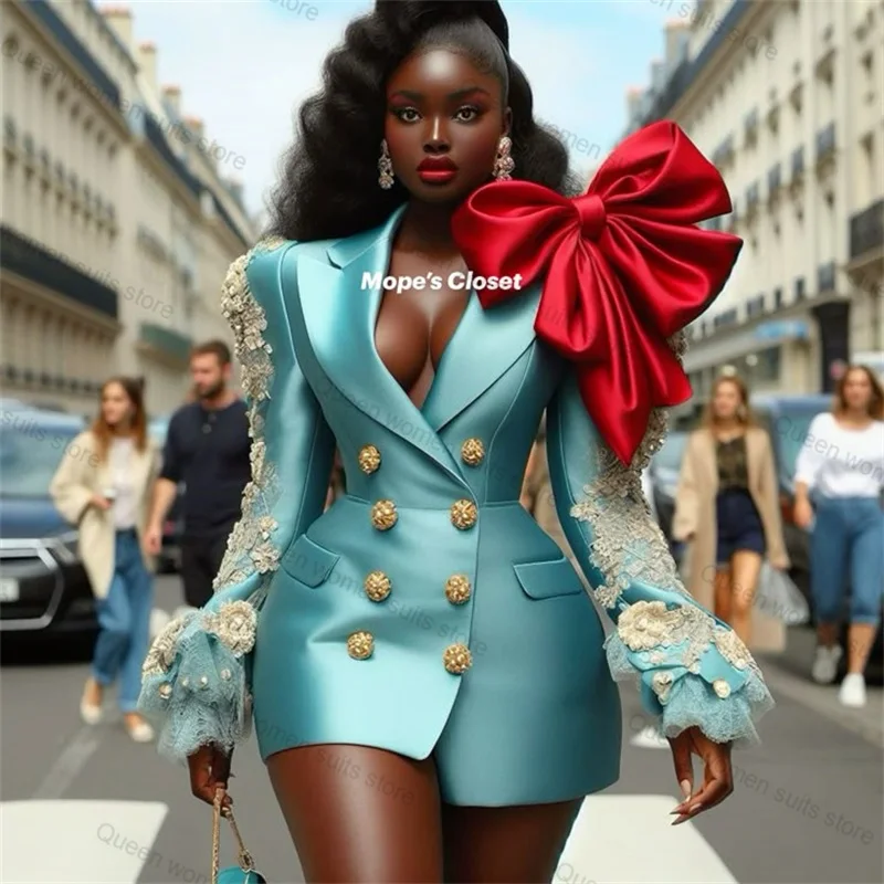 Blue Satin Women Suit 1 Pcs Bow Blazer Skirt Appliqued Customized Formal Office Lady Jacket Wedding Prom Double Breasted Coat
Blue Satin Women Suit 1 Pcs Bow Blazer Skirt Appliqued Customized Formal Office Lady Jacket Wedding Prom Double Breasted Coat