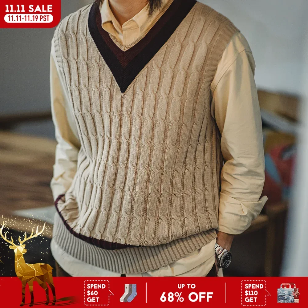 Maden Retro Ivy Knit V-Neck Sweaters Vest Color-Block Sleeveless Classic Versatile Men's Khaki Tops with Preppy Style for Autumn
Maden Retro Ivy Knit V-Neck Sweaters Vest Color-Block Sleeveless Classic Versatile Men's Khaki Tops with Preppy Style for Autumn