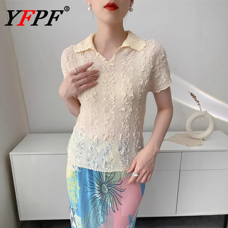 YFPF Summer Miyake Pleated Women's T-shirt Lapel Short Sleeve Solid Color Slim Blouse Fashion 2025 Female New Clothing 3A397
YFPF Summer Miyake Pleated Women's T-shirt Lapel Short Sleeve Solid Color Slim Blouse Fashion 2025 Female New Clothing 3A397