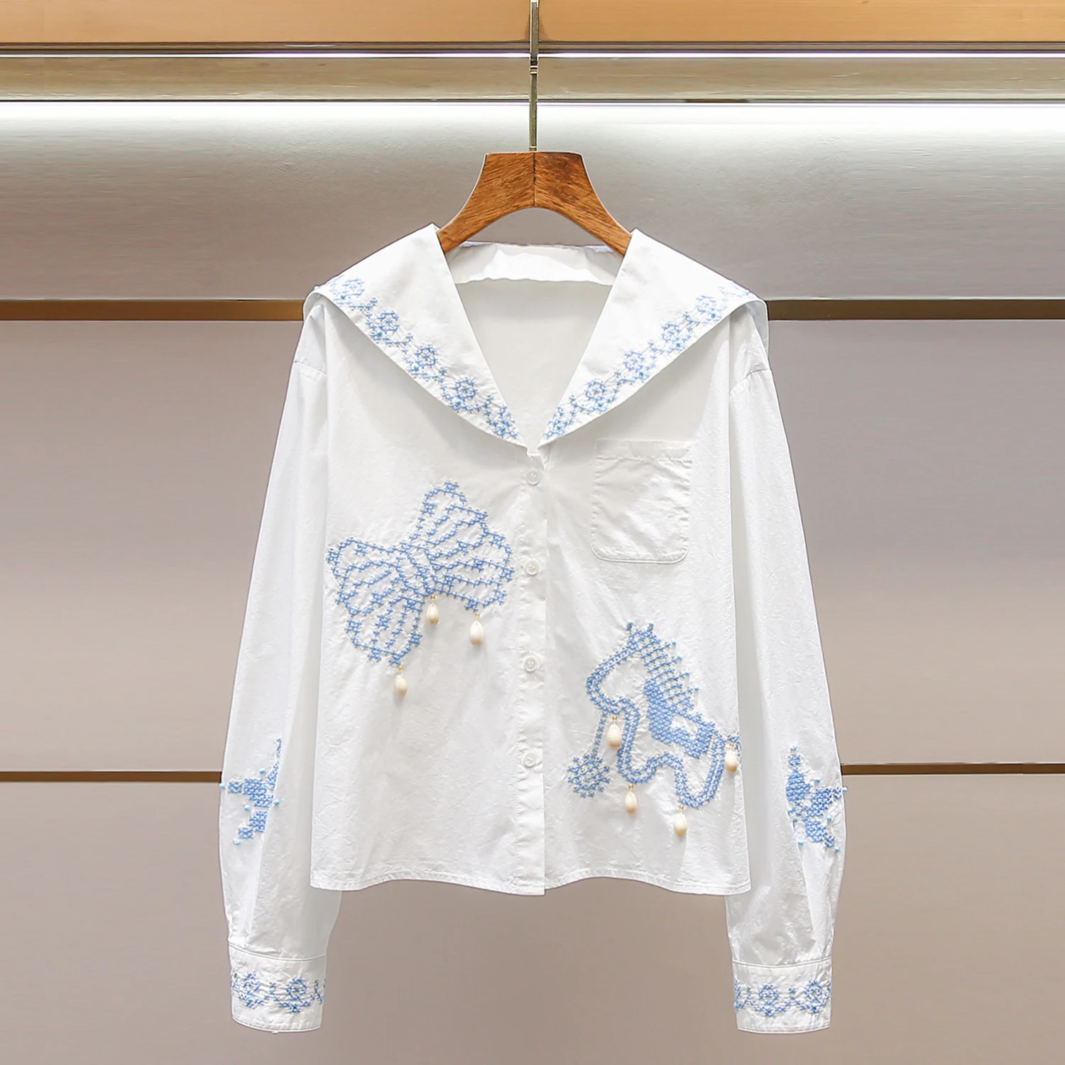 Naval Collar Embroidered White irt Women's Spring New Sle College Sle High End Women's Clothing by Nu
Naval Collar Embroidered White irt Women's Spring New Sle College Sle High End Women's Clothing by Nu