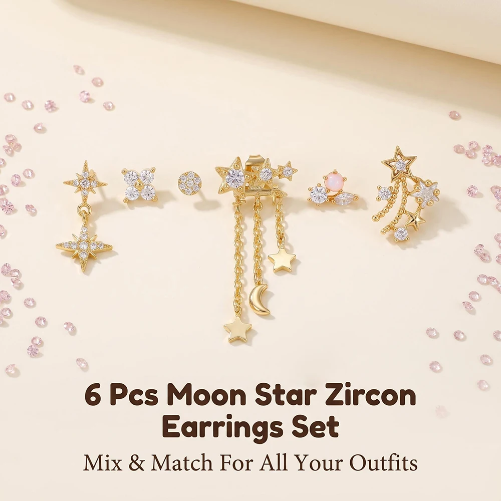 Women 6Pcs Dainty 18K Gold Plated Star Moon Cubic Zirconia Earring Set Multi Piercing Cartilage Stud Drop Chain Jewelry Gift
Women 6Pcs Dainty 18K Gold Plated Star Moon Cubic Zirconia Earring Set Multi Piercing Cartilage Stud Drop Chain Jewelry Gift