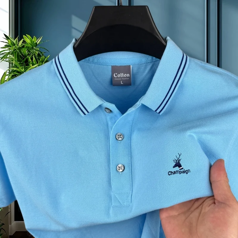 100% pure cotton high-end brand men's short sleeved polo shirt summer fashion striped deer head embroidery golf casual T-shirt
100% pure cotton high-end brand men's short sleeved polo shirt summer fashion striped deer head embroidery golf casual T-shirt