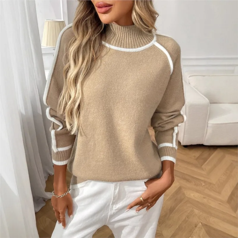Осень-зима 2022, новый повседневный свободный свитер с полувысоким воротом и ленивым контрастным элементом, женский лоскутный пуловер с длинными рукавами 
Осень-зима 2022, новый повседневный свободный свитер с полувысоким воротом и ленивым контрастным элементом, женский лоскутный пуловер с длинными рукавами
