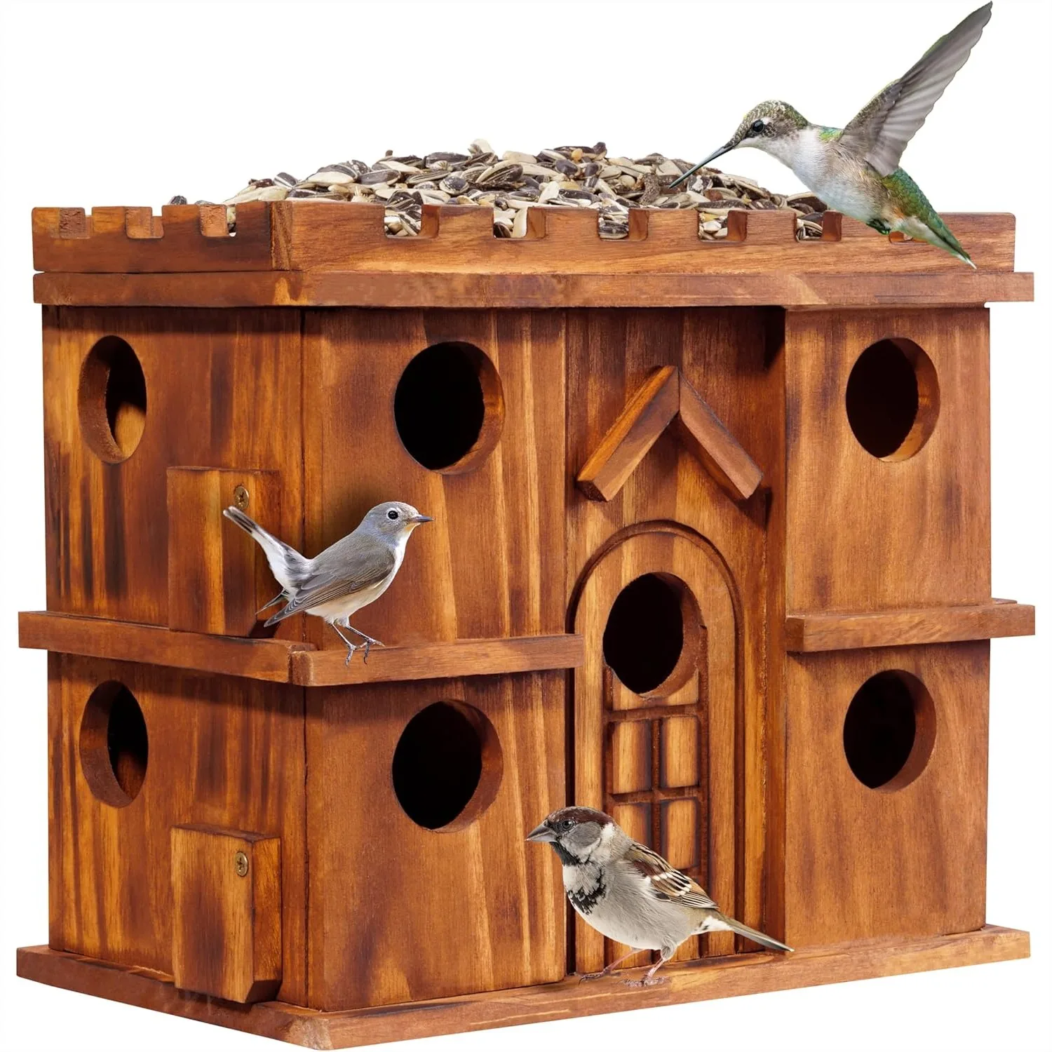 Wooden Bird Houses for Outside - 9 Rooms Large Birdhouse, Carbonized Pine Rustic Finish, 1.5" Entrance Holes with Cleaning Doors
Wooden Bird Houses for Outside - 9 Rooms Large Birdhouse, Carbonized Pine Rustic Finish, 1.5" Entrance Holes with Cleaning Doors