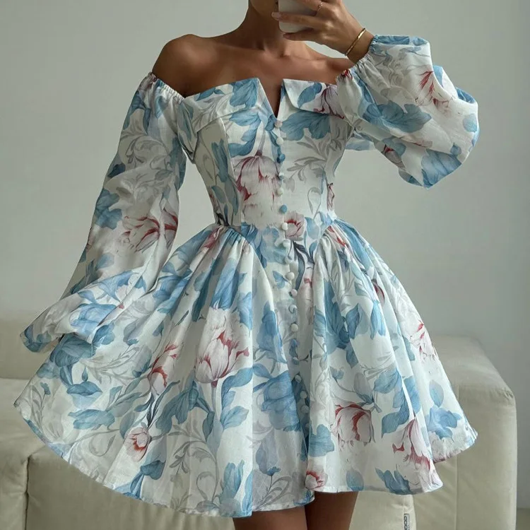 Sexy off-the-shoulder printed A-line mini dress with puffed sleeves and high waist, new summer women's dress
Sexy off-the-shoulder printed A-line mini dress with puffed sleeves and high waist, new summer women's dress