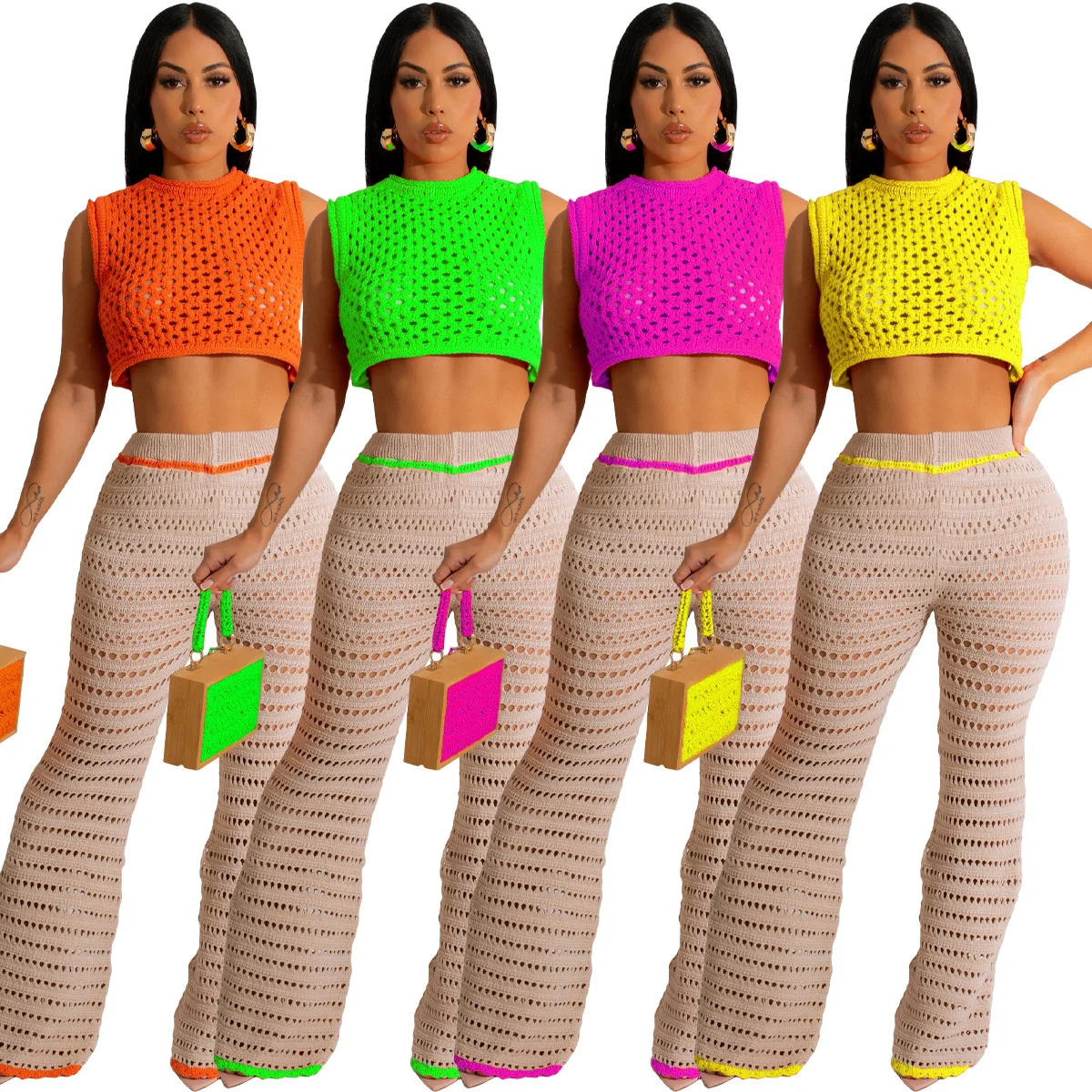 Sexy Outfits For Woman Knitted Two Pieces Set Round Neck Sleeveless Crop Top Pants Crochet Hollow Out Beach Wear Tracksuit
Sexy Outfits For Woman Knitted Two Pieces Set Round Neck Sleeveless Crop Top Pants Crochet Hollow Out Beach Wear Tracksuit