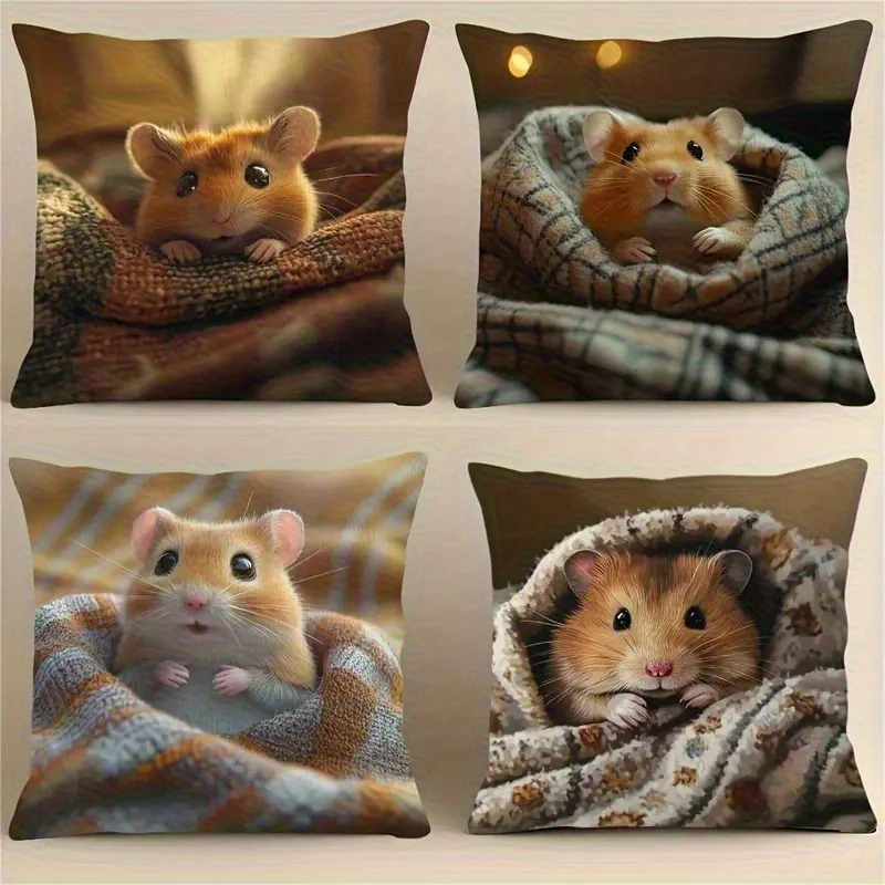 4Pcs Cozy Home Pet Throw Pillow Covers with Brown Furry Hamster Wrapped in Plaid Fabric Art Cushion Cases for Balcony Patio
4Pcs Cozy Home Pet Throw Pillow Covers with Brown Furry Hamster Wrapped in Plaid Fabric Art Cushion Cases for Balcony Patio