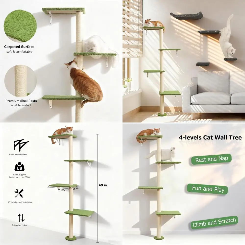 Зеленая 4-уровневая настенная когтеточка для кошек с ковровыми элементами для лазания и отдыха, для игр в помещении
Зеленая 4-уровневая настенная когтеточка для кошек с ковровыми элементами для лазания и отдыха, для игр в помещении