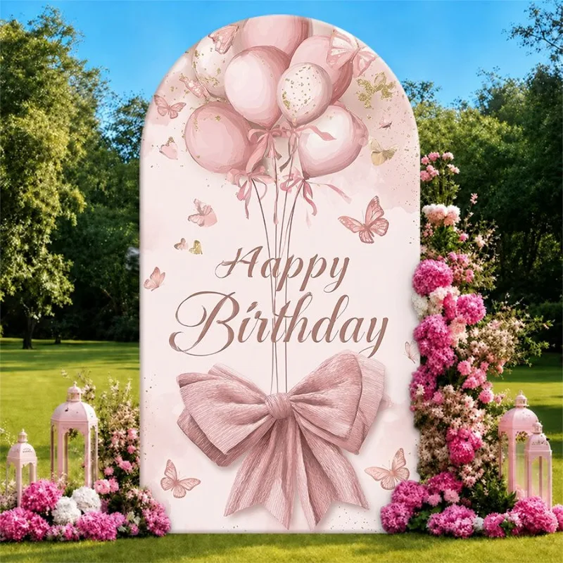 Single Side Arch Backdrop Cover Elegant Pink Birthday Background Banner with Balloons Bow and Butterflies for Outdoor Party
Single Side Arch Backdrop Cover Elegant Pink Birthday Background Banner with Balloons Bow and Butterflies for Outdoor Party