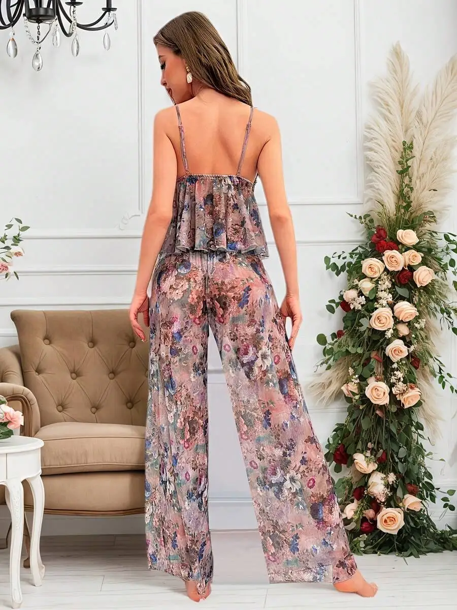 Womens Floral Print Pajama Set With Spaghetti Strap Top And Wide Leg Pants Soft Lightweight Lounge Wear
Womens Floral Print Pajama Set With Spaghetti Strap Top And Wide Leg Pants Soft Lightweight Lounge Wear