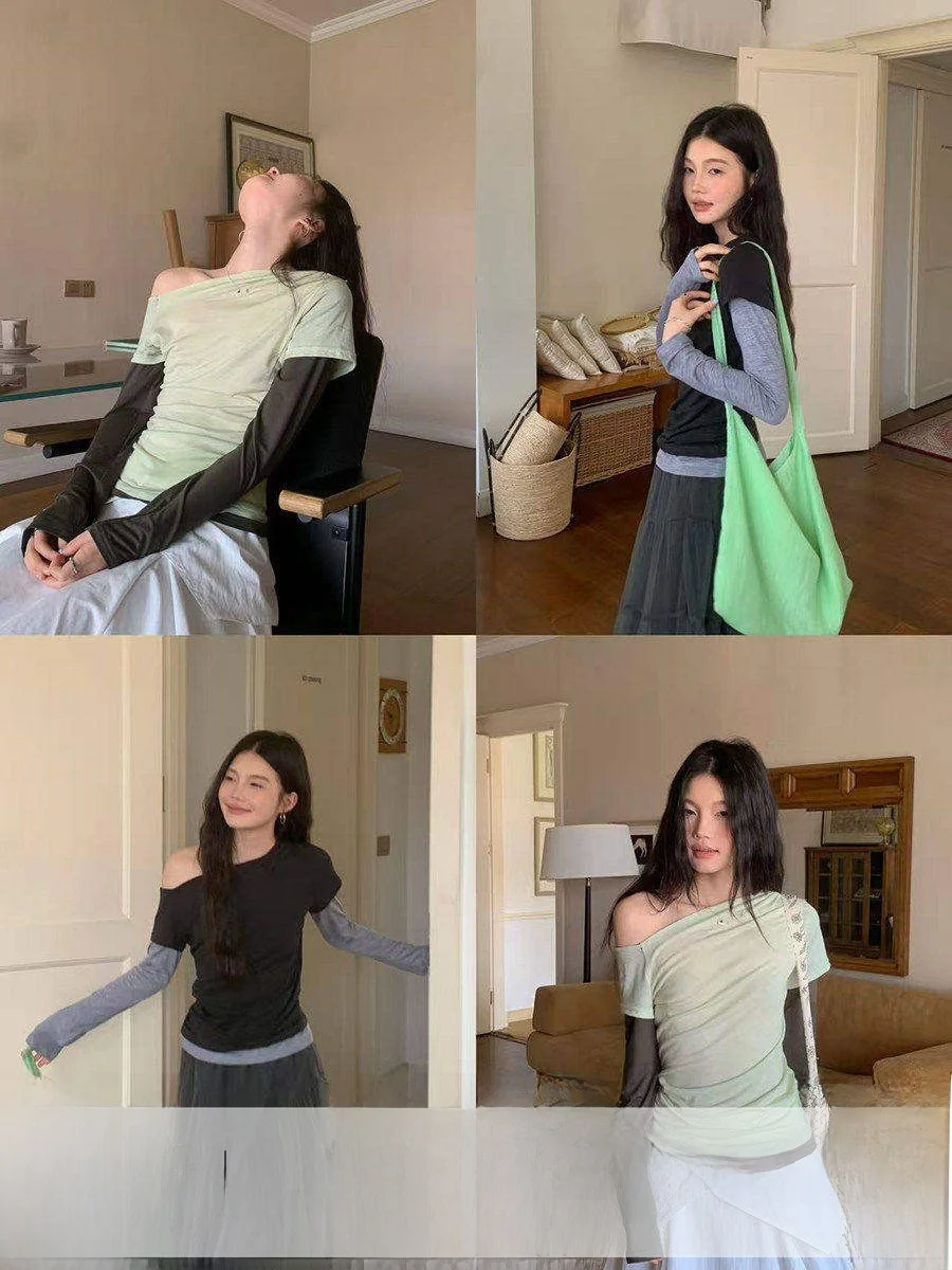 Linyunyun Korean Style Splice Shoulder Long Sleeve T-Shirt Women's Color Block Casual Fashion Spring Summer Top
Linyunyun Korean Style Splice Shoulder Long Sleeve T-Shirt Women's Color Block Casual Fashion Spring Summer Top