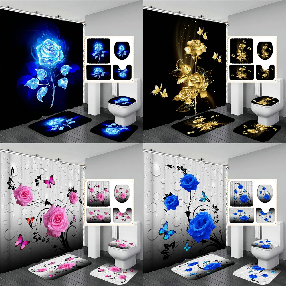 3D Butterfly Flower Fabric Waterproof Shower Curtain Set Bathroom Curtains Blue Rose Non-Slip Rug Toilet Lid Cover and Bath Mat
3D Butterfly Flower Fabric Waterproof Shower Curtain Set Bathroom Curtains Blue Rose Non-Slip Rug Toilet Lid Cover and Bath Mat