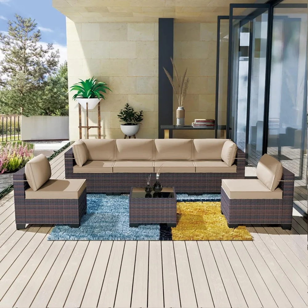 Patio Furniture Sets, 7 Pieces PE Rattan Sofa Set with Sand Seat Cushions and Tempered Glass Tea Table, Outdoor Furniture Sets
Patio Furniture Sets, 7 Pieces PE Rattan Sofa Set with Sand Seat Cushions and Tempered Glass Tea Table, Outdoor Furniture Sets