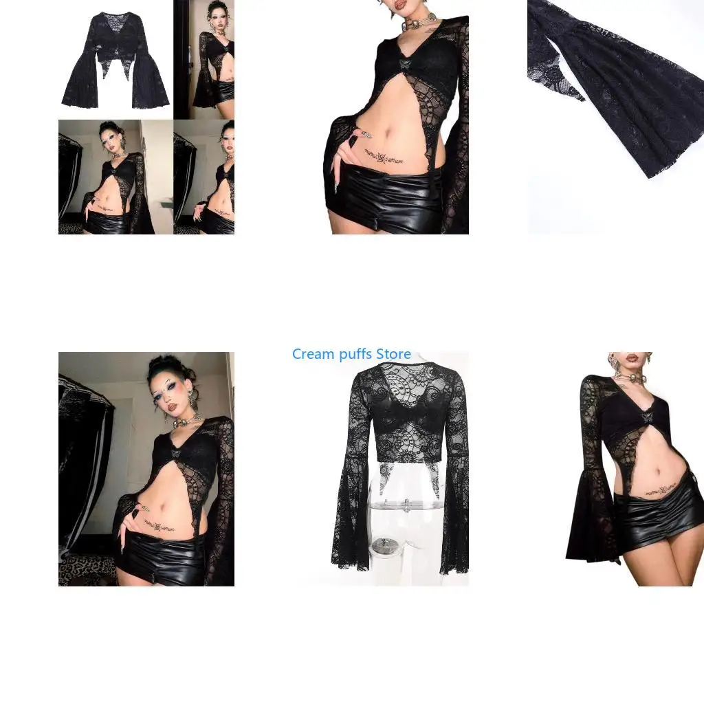 50LE Black Mesh T-shirt Long Sleeved Gothic Black Lace Punk Tops Flared Sleeve Design
50LE Black Mesh T-shirt Long Sleeved Gothic Black Lace Punk Tops Flared Sleeve Design