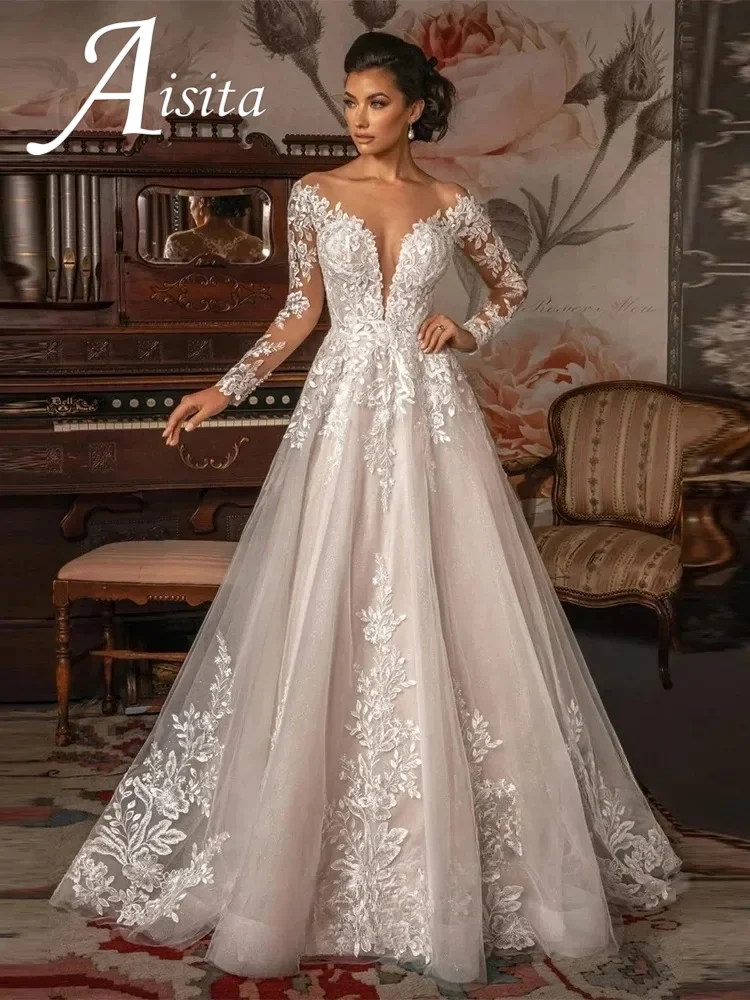 Sheer O-neck Long Sleeves Wedding Dresses Lace Applique Illusion Back A Line Bridal Gown Princess For Women Vestido De Noiva
Sheer O-neck Long Sleeves Wedding Dresses Lace Applique Illusion Back A Line Bridal Gown Princess For Women Vestido De Noiva