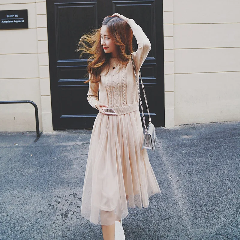 New Fashion Autumn Winter Elegant Knitted Sweater Dress Long Sleeve Sweater Mesh Patchwork Dress Women Casual One Set Long Dress
New Fashion Autumn Winter Elegant Knitted Sweater Dress Long Sleeve Sweater Mesh Patchwork Dress Women Casual One Set Long Dress