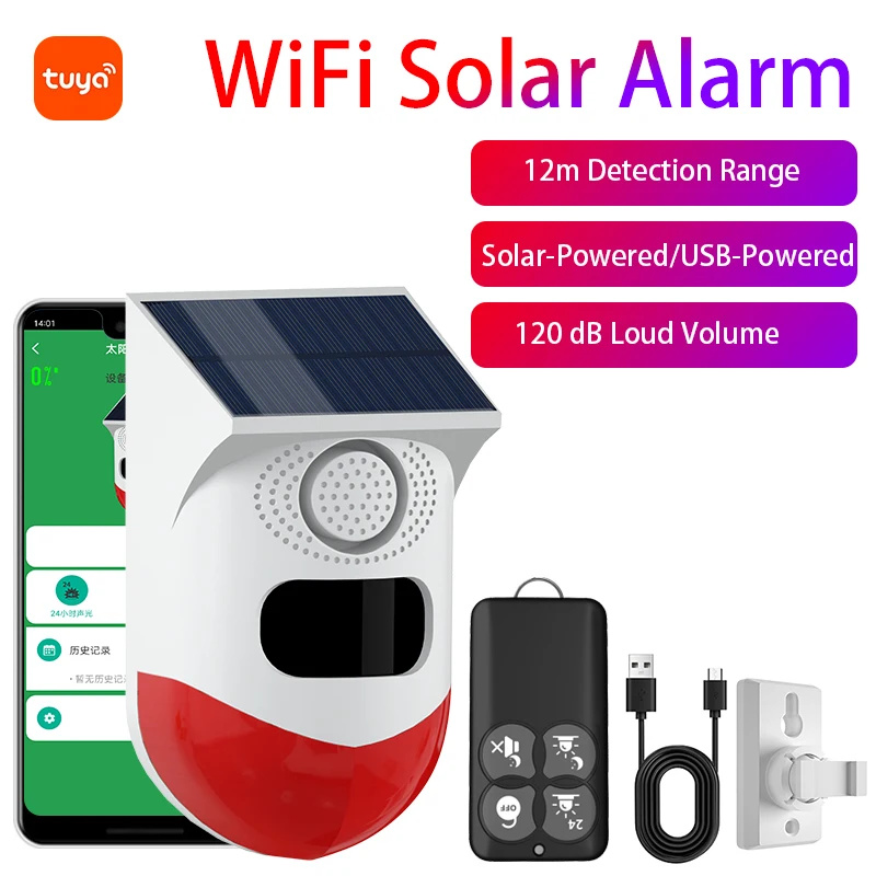 WiFi Alarm Sensor Tuya Solar Powered Wireless Infrared Motion Sensor Detector Strobe Siren PIR Sensor 120dB Alarm Waterproof
WiFi Alarm Sensor Tuya Solar Powered Wireless Infrared Motion Sensor Detector Strobe Siren PIR Sensor 120dB Alarm Waterproof
