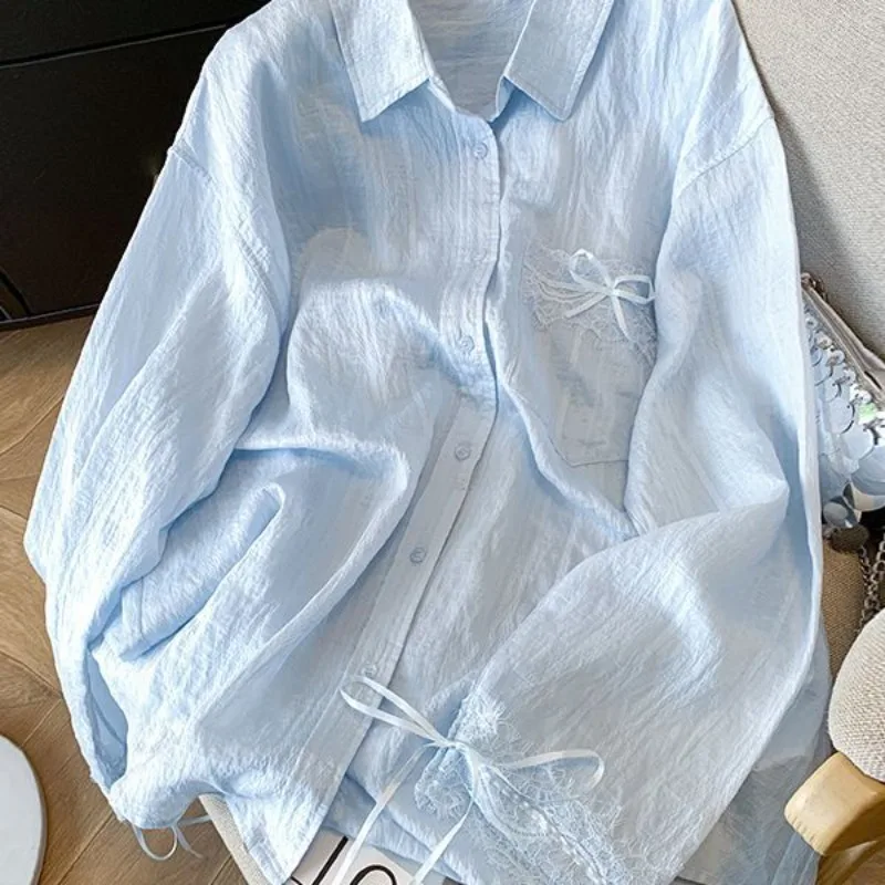 Blue Sunscreen Shirt Chemise Femme Lace Blouse Blusas Mujer Casual Tops Fashion Korean Shirts New Spring 2025
Blue Sunscreen Shirt Chemise Femme Lace Blouse Blusas Mujer Casual Tops Fashion Korean Shirts New Spring 2025