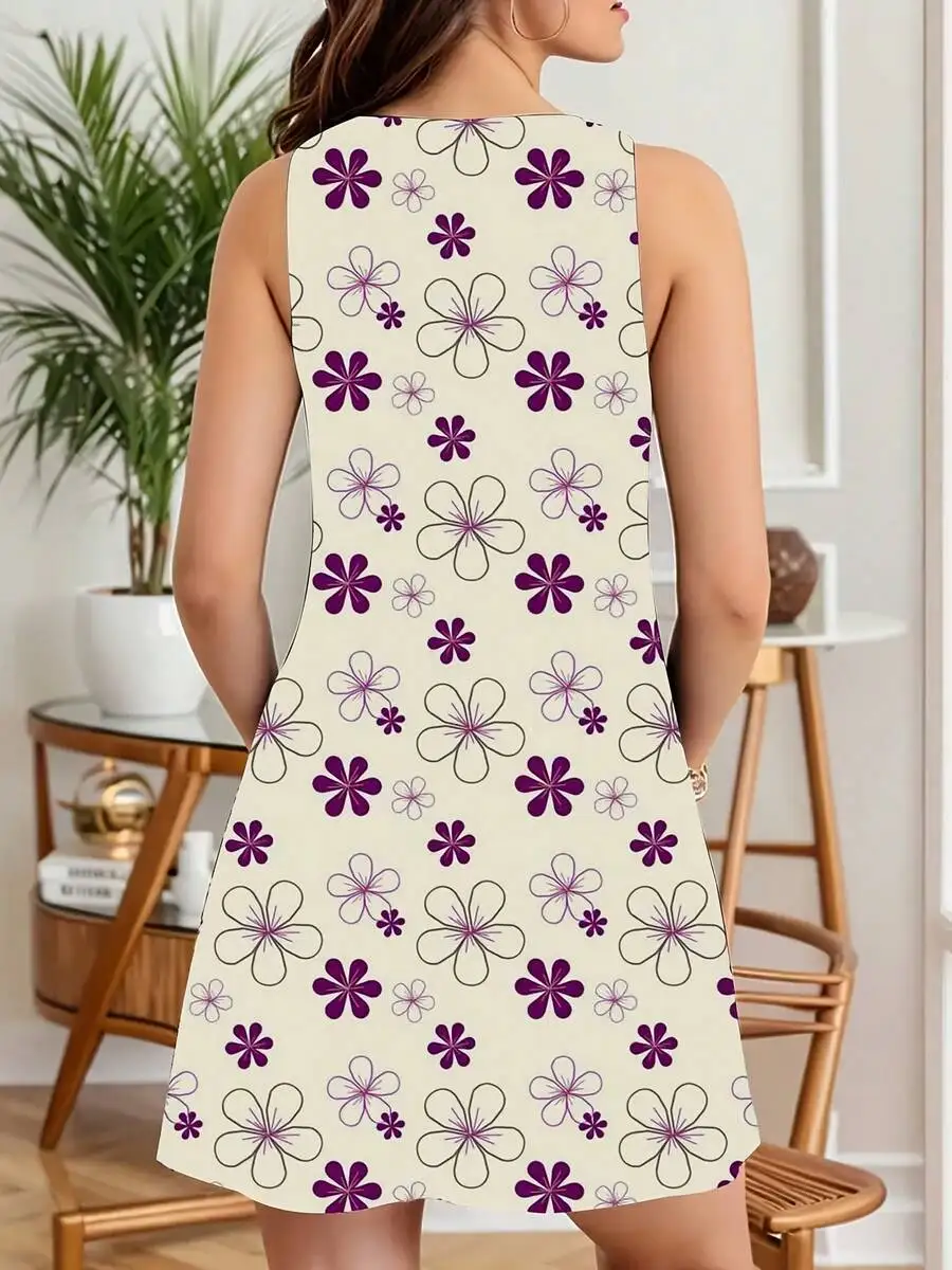 Women Sleeveless Floral Print Dress Purple And Ivory Summer Beach Vacation
Women Sleeveless Floral Print Dress Purple And Ivory Summer Beach Vacation
