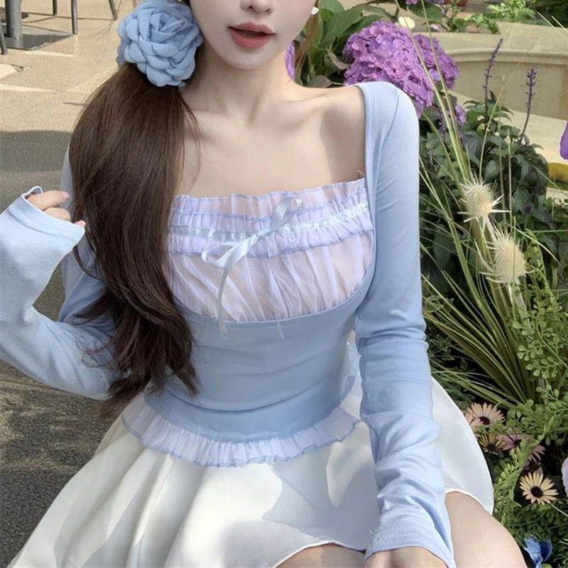 Корейская мода с квадратным воротником и длинным рукавом, тонкие сказочные топы, женская одежда, сексуальная сетчатая лоскутная футболка с рюшами, милая базовая футболка с бантом
Корейская мода с квадратным воротником и длинным рукавом, тонкие сказочные топы, женская одежда, сексуальная сетчатая лоскутная футболка с рюшами, милая базовая футболка с бантом