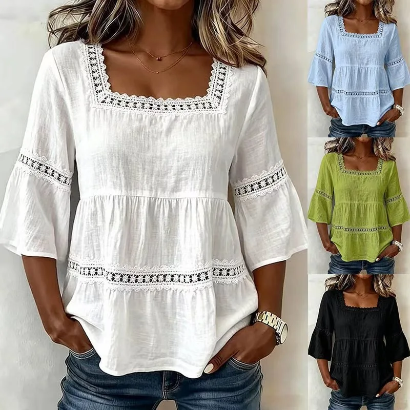 Summer Casual Cotton Linen Lace Lace Patchwork Seven Quarter Top Women's Shirt Blusas Mujer Top Femenino Белая Блузка
Summer Casual Cotton Linen Lace Lace Patchwork Seven Quarter Top Women's Shirt Blusas Mujer Top Femenino Белая Блузка