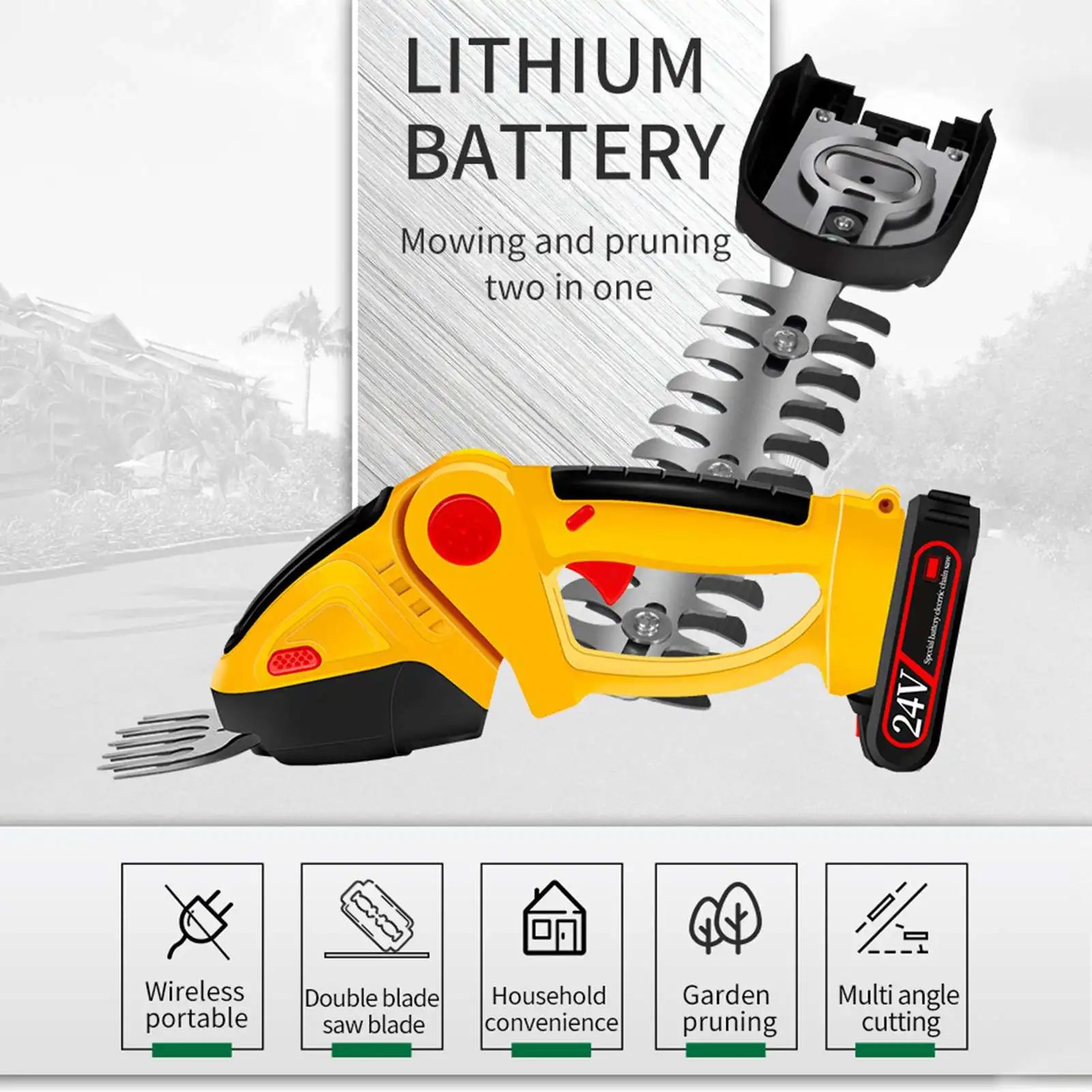 24V 2 in 1 Electric Hedge Trimmer Cordless Portable High Power Household Lawn Mower Rechargeable Pruner Weeding Garden Tools
24V 2 in 1 Electric Hedge Trimmer Cordless Portable High Power Household Lawn Mower Rechargeable Pruner Weeding Garden Tools