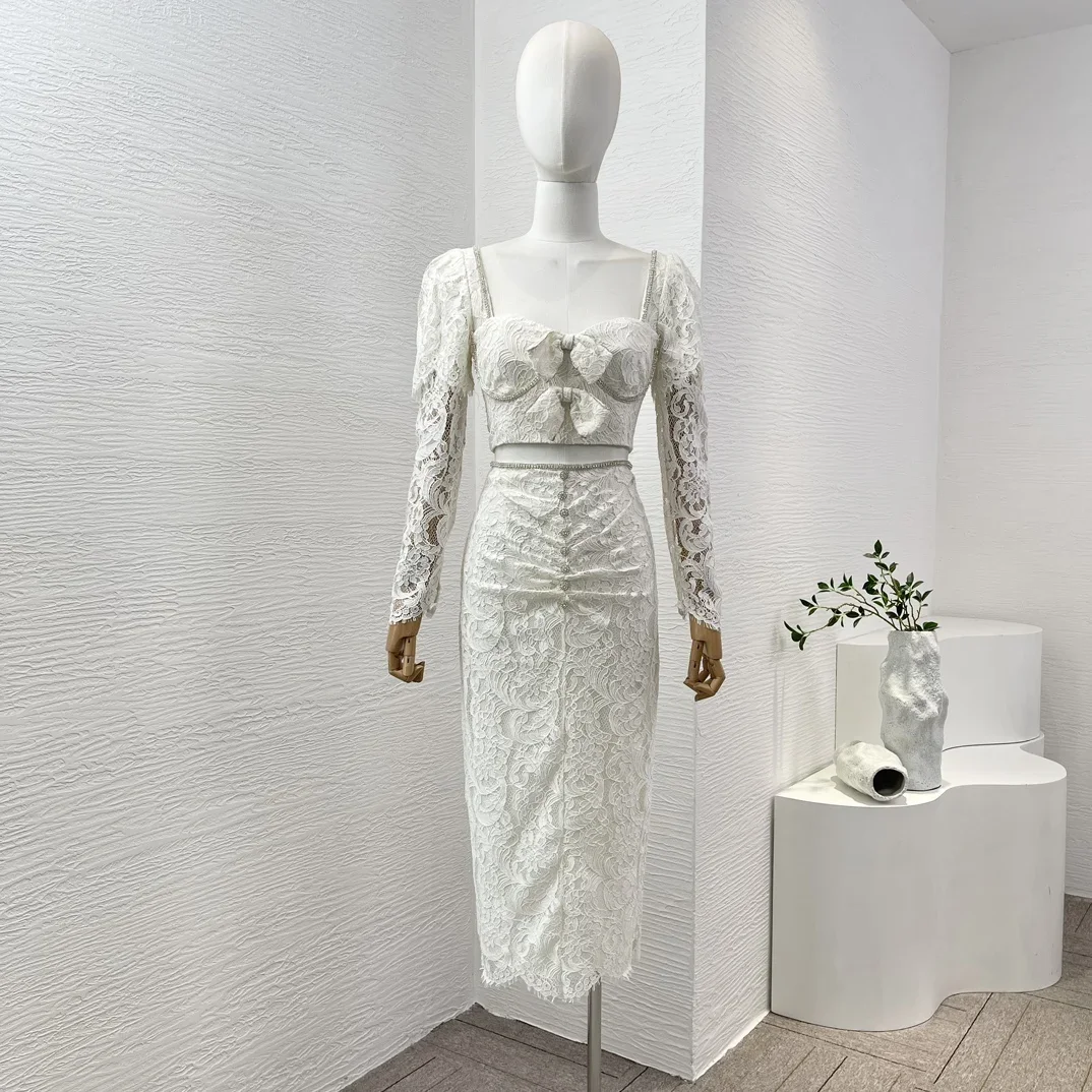 White Lace Patchwork 2024 New Collection High Quality Bow Hollow Out Graceful Spring Summer Long Sleeve Tops and Midi Skirt Sets
White Lace Patchwork 2024 New Collection High Quality Bow Hollow Out Graceful Spring Summer Long Sleeve Tops and Midi Skirt Sets