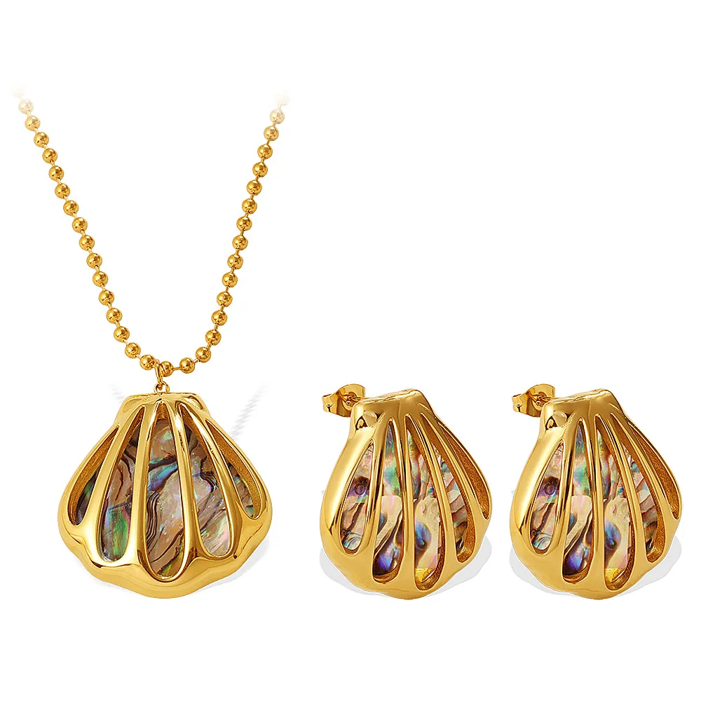 18K Gold Plated Stainless Steel Ocean Shell Jewelry Set Inlay Seashell Pendant Necklace Earrings Luxury Fashion Women Jewelry
18K Gold Plated Stainless Steel Ocean Shell Jewelry Set Inlay Seashell Pendant Necklace Earrings Luxury Fashion Women Jewelry