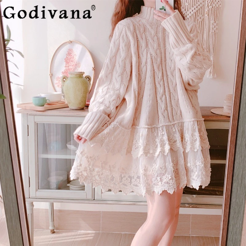 Autumn Winter Original Sweater Dress Female Japanese Sweet Lace Patchwork Knit Dress Women Thickened Loose Knitted Dress
Autumn Winter Original Sweater Dress Female Japanese Sweet Lace Patchwork Knit Dress Women Thickened Loose Knitted Dress