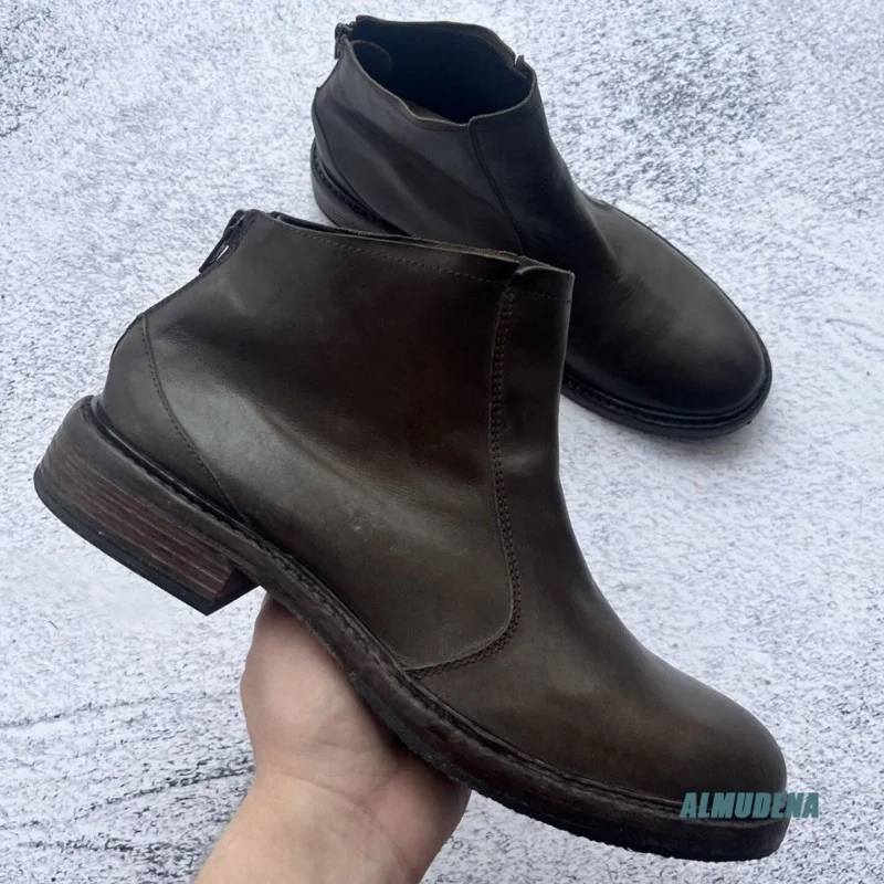 Dark Brown Soft Wrinkled Leather Men's Chelsea Boots Round Toe Back Zipper Low Heel Casual Streetwear Shoes for Daily Wear
Dark Brown Soft Wrinkled Leather Men's Chelsea Boots Round Toe Back Zipper Low Heel Casual Streetwear Shoes for Daily Wear