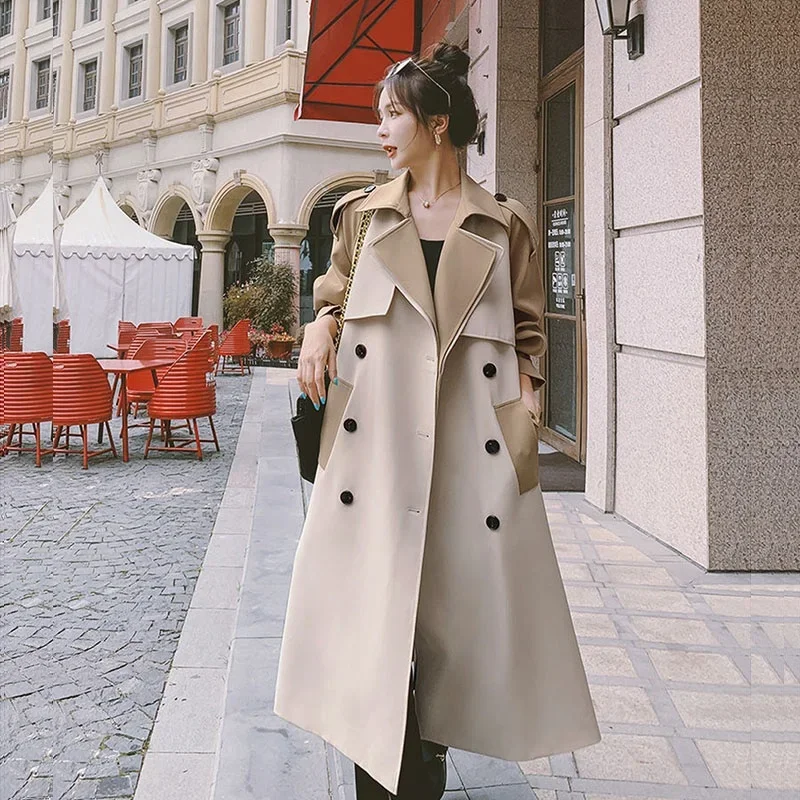 Spring Autumn Mid-length Splicing Contrast Color Khaki Trench Coat With Sashes Women Lapel Long Sleeve Women Windproof Outwear
Spring Autumn Mid-length Splicing Contrast Color Khaki Trench Coat With Sashes Women Lapel Long Sleeve Women Windproof Outwear