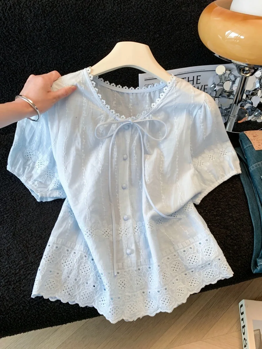Sweet Style Knot Short Sleeve Hollow out Hook Blue Shirt for Women Summer Bubble Sleeve Loose Fit Korean Style Top
Sweet Style Knot Short Sleeve Hollow out Hook Blue Shirt for Women Summer Bubble Sleeve Loose Fit Korean Style Top
