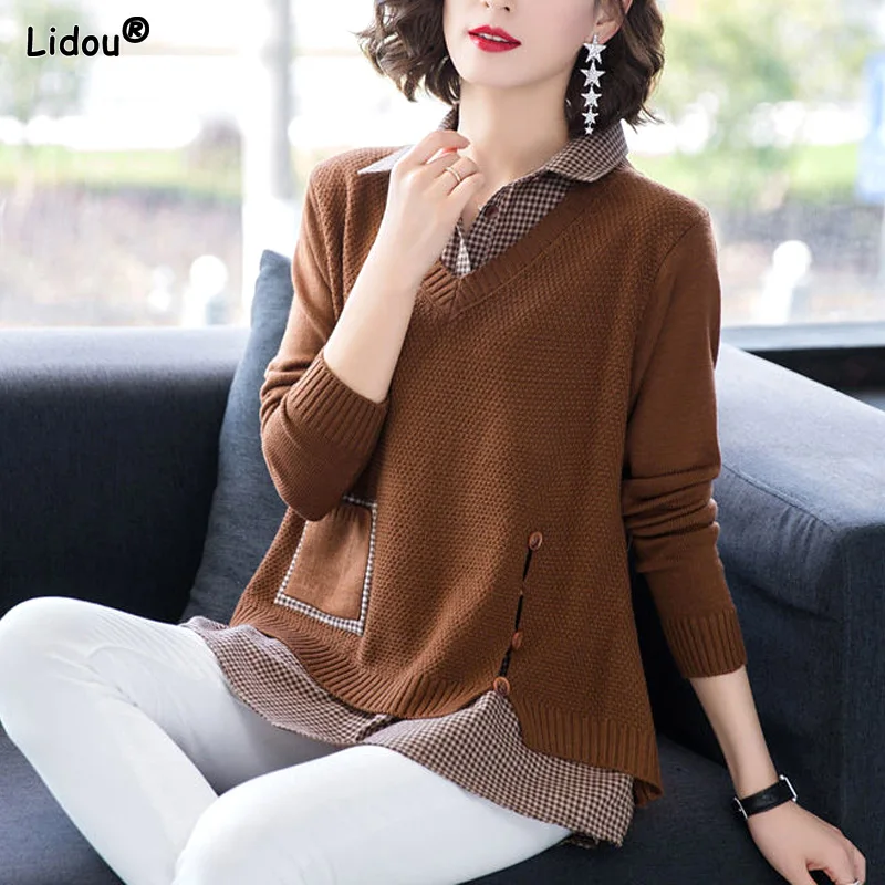 Pullovers Casual Solid Loose Blouses Thin Autumn Winter Fake Two Pieces Pockets Button Turn-down Collar Women's Clothing Korean
Pullovers Casual Solid Loose Blouses Thin Autumn Winter Fake Two Pieces Pockets Button Turn-down Collar Women's Clothing Korean
