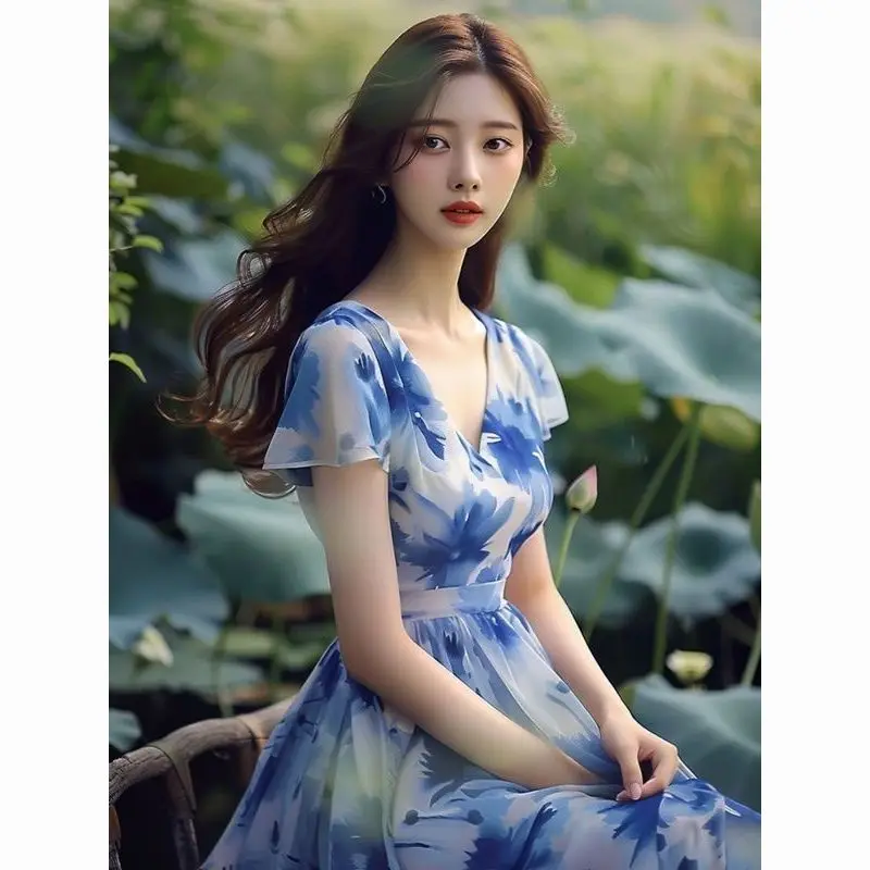 Women's Floral Print Chiffon Midi Dress Elegantly V-Neck Short Sleeve for Stylish Casual Wear Summer Slimming Waisted Dress S923
Women's Floral Print Chiffon Midi Dress Elegantly V-Neck Short Sleeve for Stylish Casual Wear Summer Slimming Waisted Dress S923