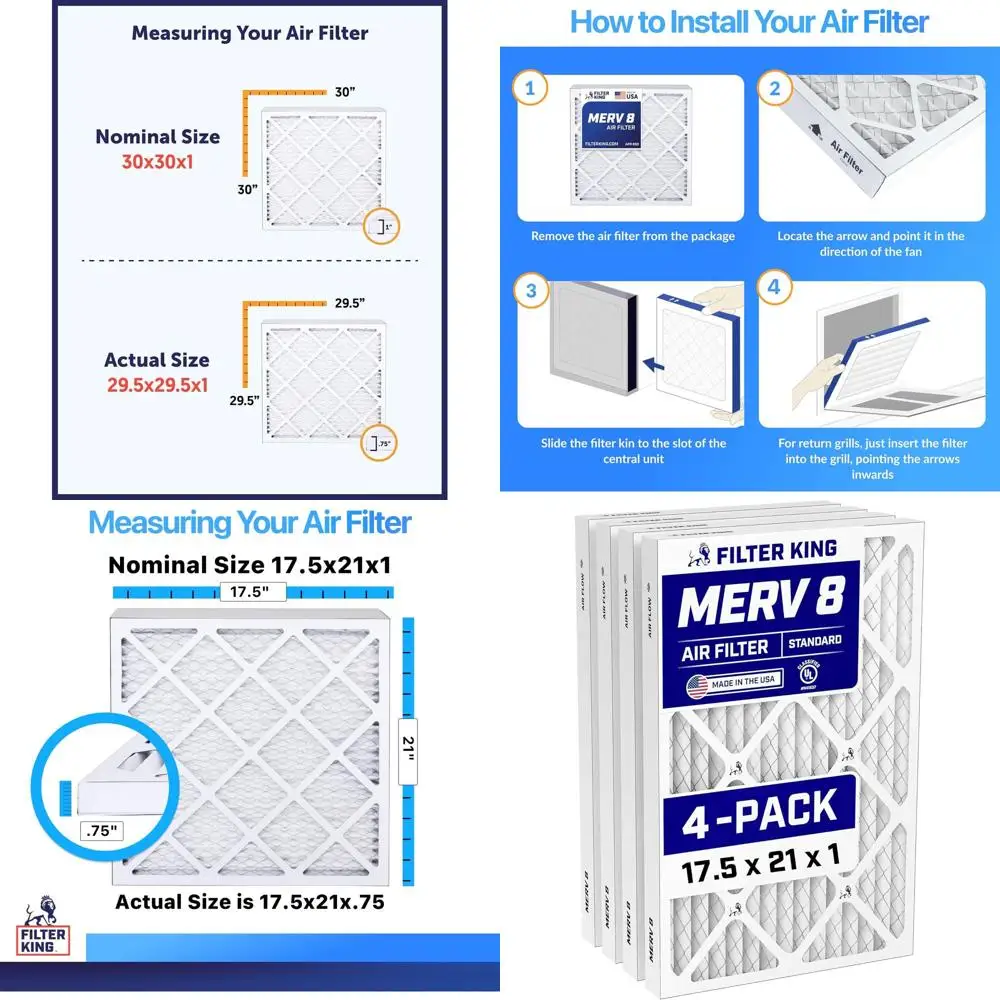 4-Pack MERV 8 Air Filters, 17.5x21x1, Dust and Allergy Control, Pleated, Electrostatic, Made in USA
4-Pack MERV 8 Air Filters, 17.5x21x1, Dust and Allergy Control, Pleated, Electrostatic, Made in USA