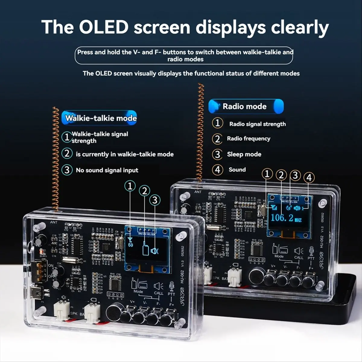 A40I DIY Walkie-Talkie FM Radio Electronic Kit 409.85MHz Adjustable Frequency 87-108MHz OLED Display DIY Soldering Kit
A40I DIY Walkie-Talkie FM Radio Electronic Kit 409.85MHz Adjustable Frequency 87-108MHz OLED Display DIY Soldering Kit