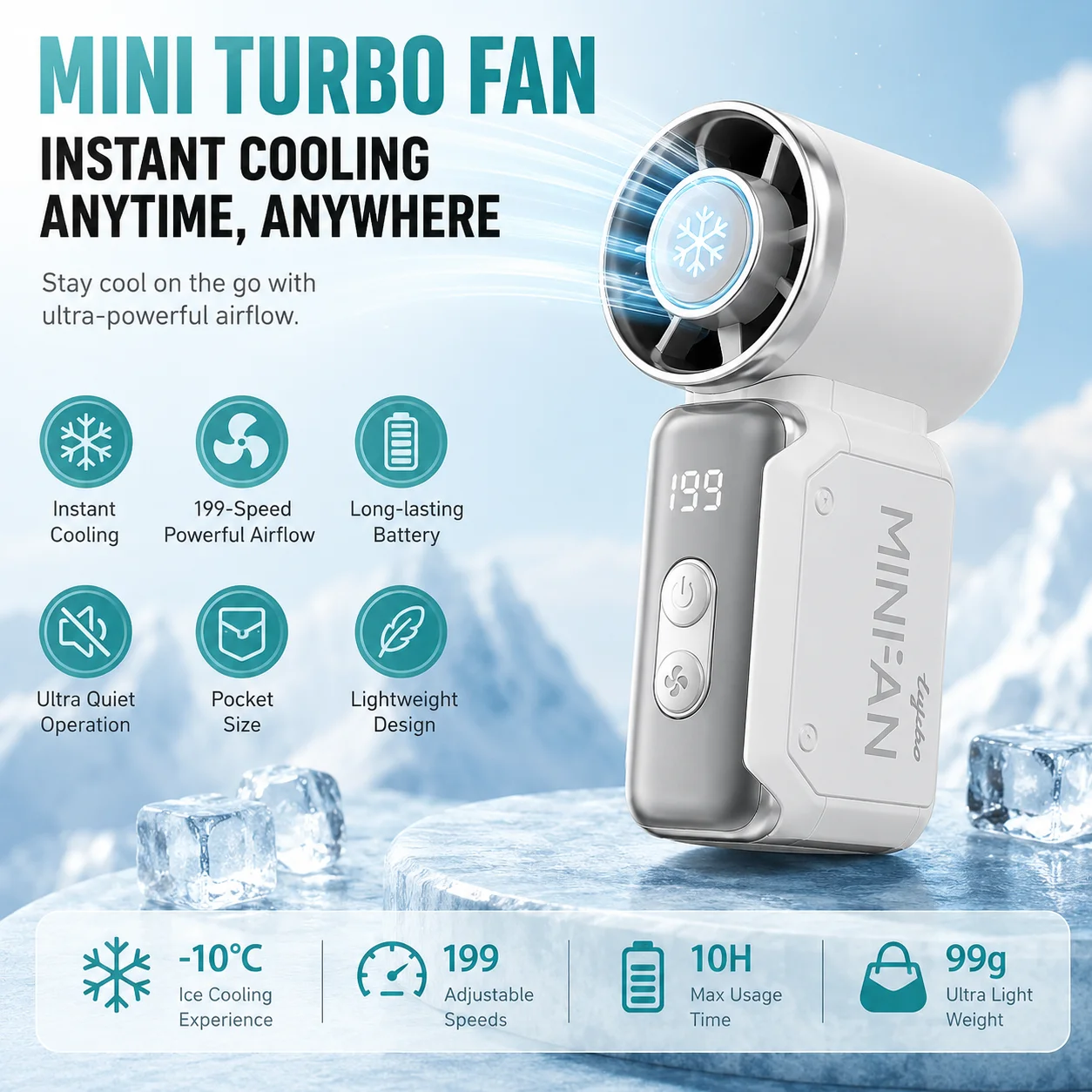 Portable Mini Turbo Fan 3600mAh High Speed Rechargeable Handheld Pocket Fan for Travel Outdoor Hiking Camping Beach Office Use
Portable Mini Turbo Fan 3600mAh High Speed Rechargeable Handheld Pocket Fan for Travel Outdoor Hiking Camping Beach Office Use