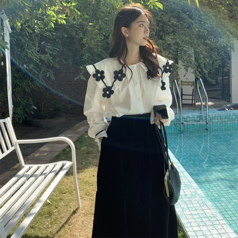 Peter Pan Collar Sweet Fashion Ruffles Spring Autumn Solid Color Long Sleeve Shirts Ladies Simplicity All-match Trend Loose Tops
Peter Pan Collar Sweet Fashion Ruffles Spring Autumn Solid Color Long Sleeve Shirts Ladies Simplicity All-match Trend Loose Tops