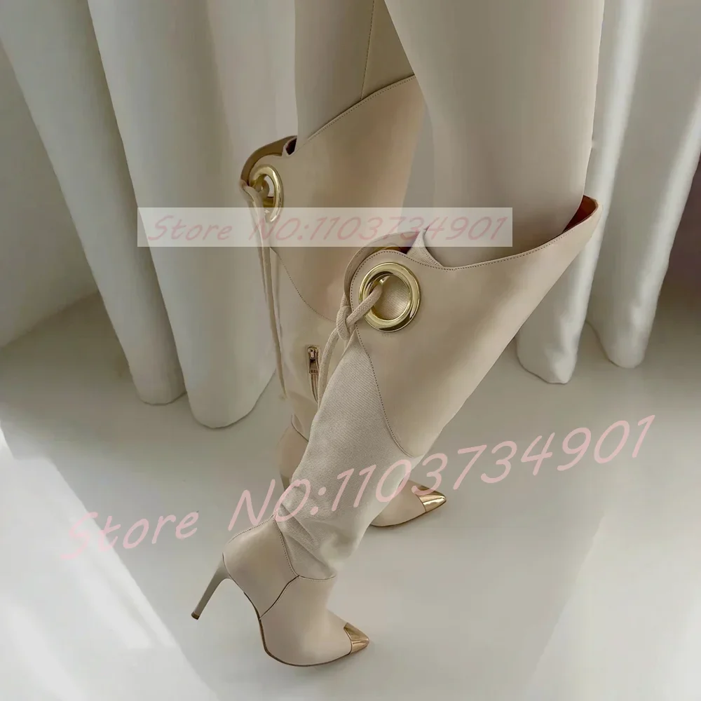 Beige Splicing Gold Toe Knee-High Boots Women Chic Metal Ring Lace-Up Pointed Toe High Heels Female Luxury Winter Events Boots
Beige Splicing Gold Toe Knee-High Boots Women Chic Metal Ring Lace-Up Pointed Toe High Heels Female Luxury Winter Events Boots