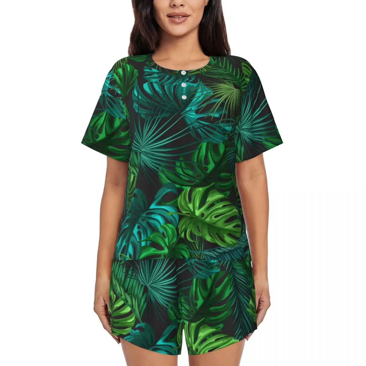 Green Plam Leaf Pajamas Tropical Print Sleep O Neck Nightwear Female 2 Pieces Graphic Short Sleeve Kawaii Pajamas Set
Green Plam Leaf Pajamas Tropical Print Sleep O Neck Nightwear Female 2 Pieces Graphic Short Sleeve Kawaii Pajamas Set