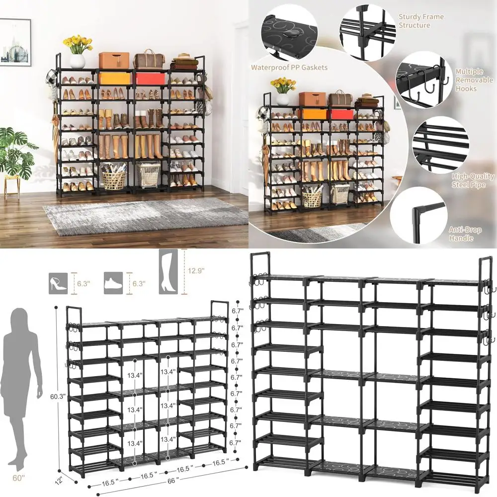 Large 9-Tier Shoe Rack Organizer for 64-68 Pairs with Removable Side Hooks - Heavy Duty Storage for Bedroom, Garage, Black
Large 9-Tier Shoe Rack Organizer for 64-68 Pairs with Removable Side Hooks - Heavy Duty Storage for Bedroom, Garage, Black
