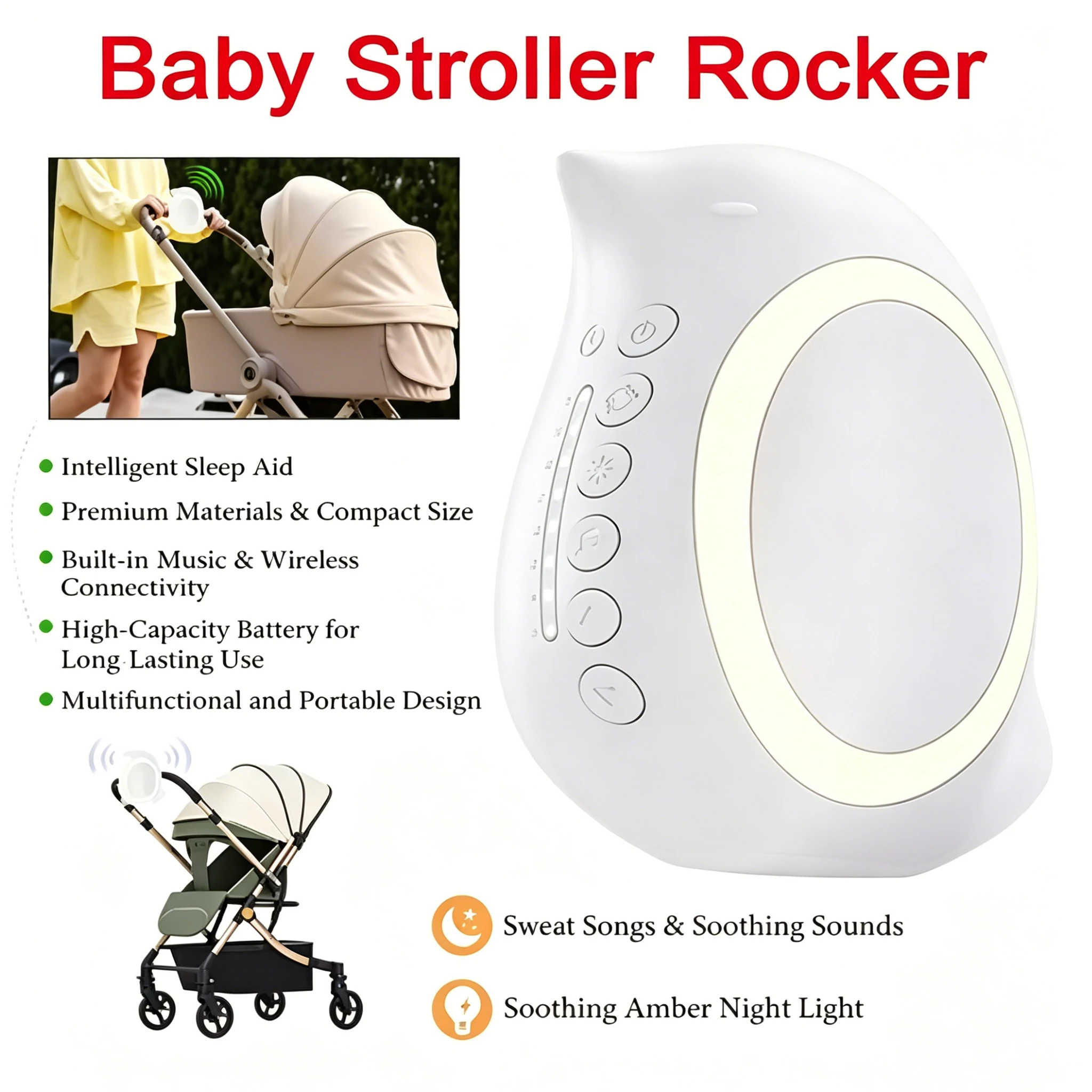 Portable Outdoor Baby Stroller Rocker with Night Light Multi-functional Wireless Bluetooth Sleep Aid Vibrating Soothing Music
Portable Outdoor Baby Stroller Rocker with Night Light Multi-functional Wireless Bluetooth Sleep Aid Vibrating Soothing Music