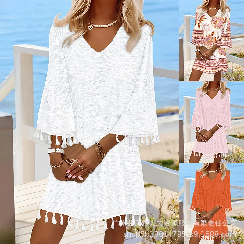 Women Dress Ruffles Sleeve Dresses V Neck Pullover Tassel Solid Straight Dress Loose Fit Spliced Knee Length Vestidos
Women Dress Ruffles Sleeve Dresses V Neck Pullover Tassel Solid Straight Dress Loose Fit Spliced Knee Length Vestidos