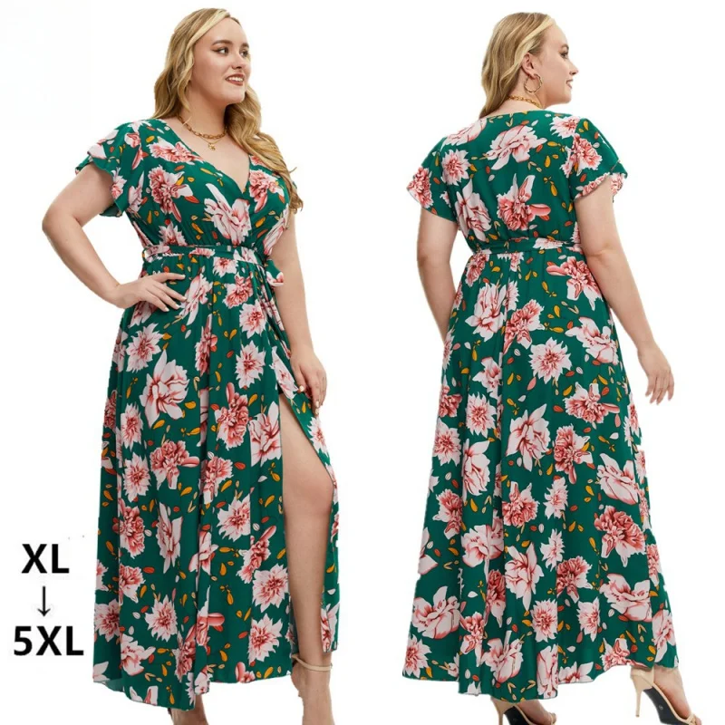 European and American plus Size Women's Clothes Summer New Short Sleeve Floral Print Slit Dress
European and American plus Size Women's Clothes Summer New Short Sleeve Floral Print Slit Dress