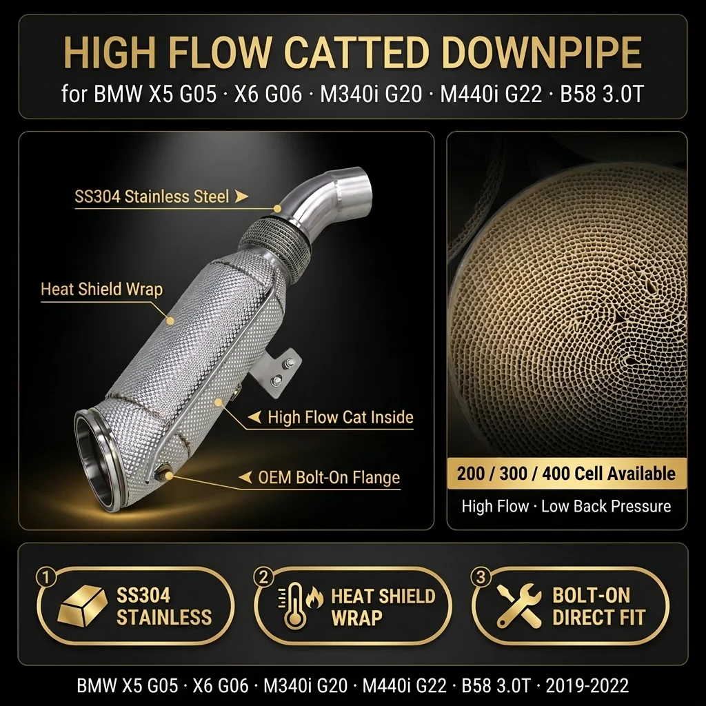 High-Flow Downspout with 200-Cell Catalytic Converter, Compatible with BMW M340/M340i/M440i/X5/X6 B58 3.0T SS304 OPF
High-Flow Downspout with 200-Cell Catalytic Converter, Compatible with BMW M340/M340i/M440i/X5/X6 B58 3.0T SS304 OPF